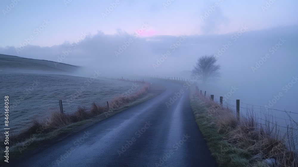 Naklejka premium The winding road disappears into a thick blanket of fog creating an eerie sense of longing for what lies beyond the limits of sight. . AI generation.