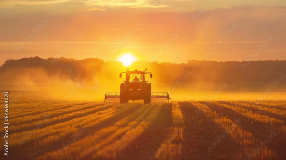 Fototapeta premium modern farming scene with a farmer driving a high-tech tractor in a large, efficiently managed field The tractor is equipped with advanced agricultural tools, showcasing the innovation.