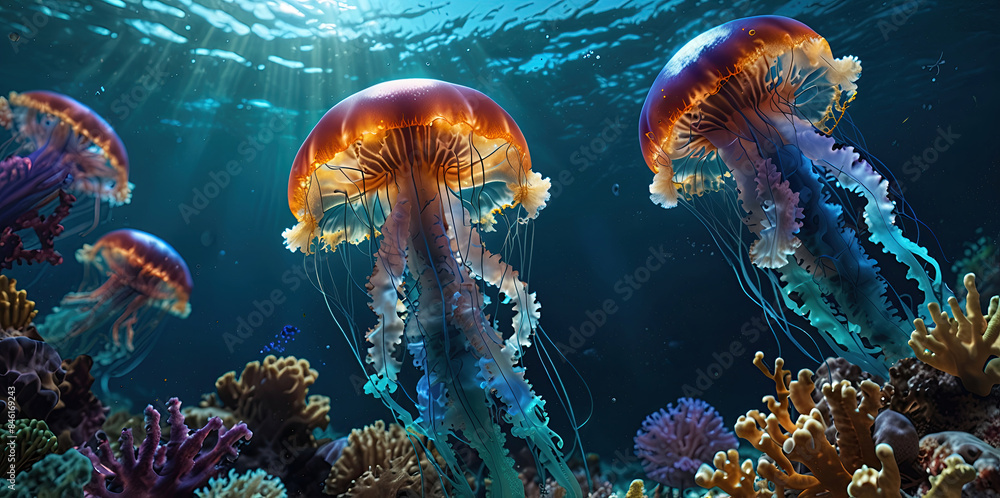 glow vibrant jellyfish in the depths of the ocean glow vibrant jellyfish in the depths of the ocean