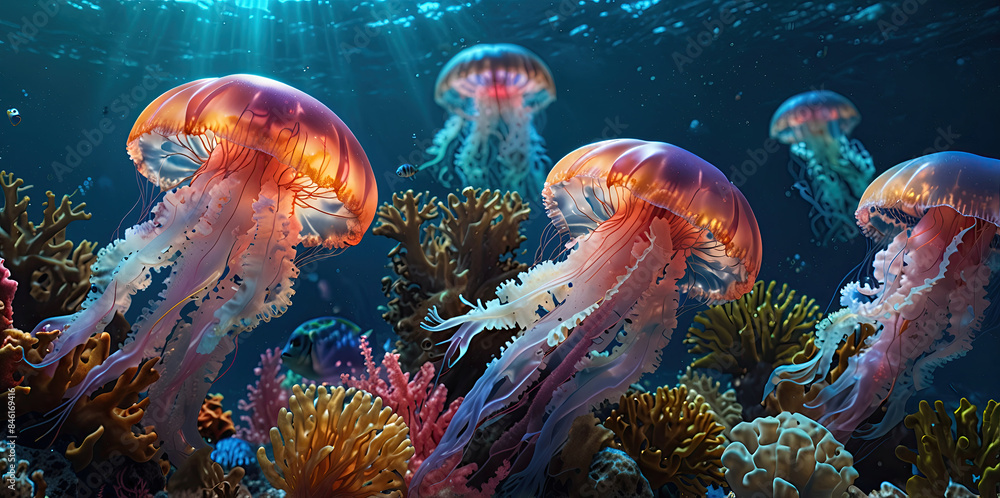 glow vibrant jellyfish in the depths of the ocean glow vibrant jellyfish in the depths of the ocean