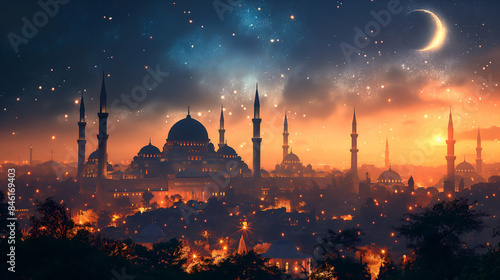 Ramadan Kareem religious background with mosque silhouettes