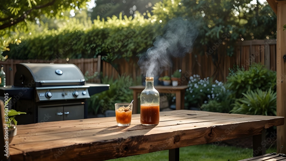 Summertime in a backyard garden featuring a BBQ, a wooden table, and a hazy backdrop Summertime in a backyard garden featuring a BBQ, a wooden table, and a hazy backdrop