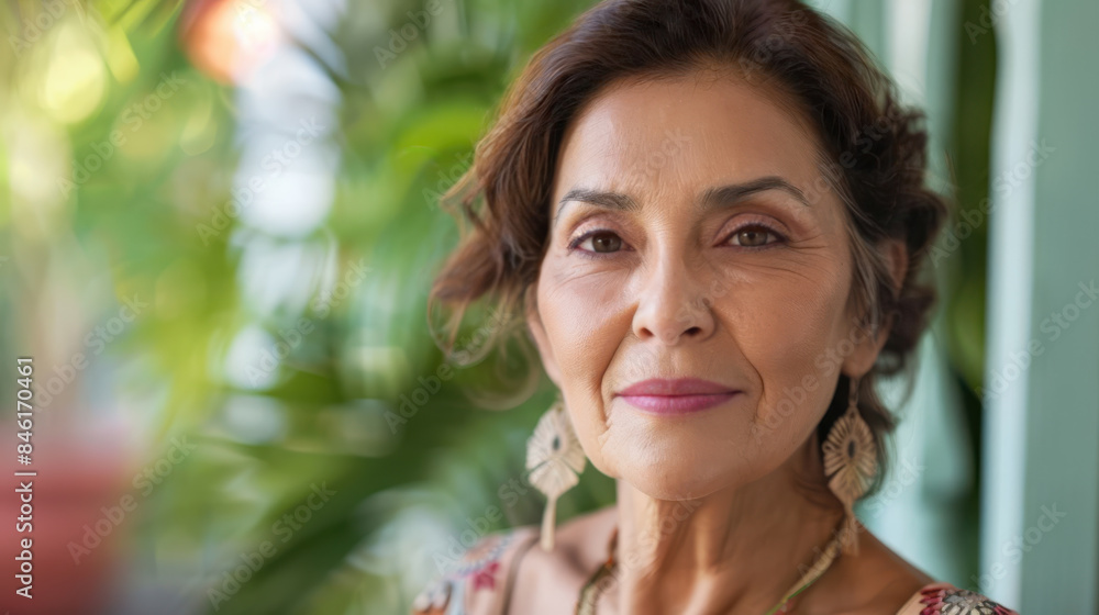 A smiling, sophisticated and youthful looking middle-aged Mexican woman with graying hair. Copy space. A smiling, sophisticated and youthful looking middle-aged Mexican woman with graying hair. Copy space.