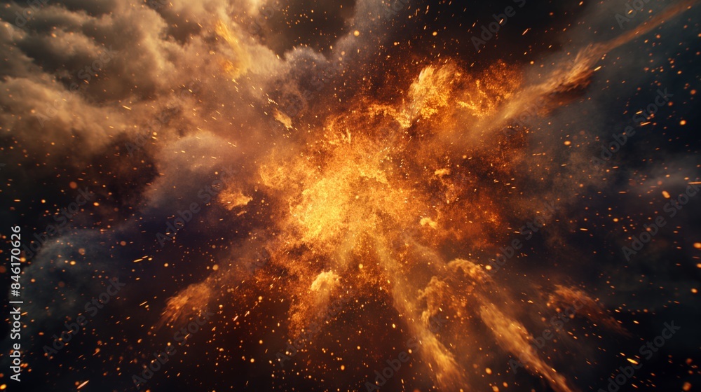 Obraz premium Intense fire explosion with smoke and sparks in the night sky.