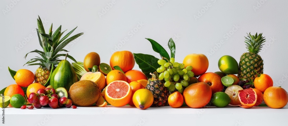 Mixed tropical fruits displayed against a white backdrop Mixed tropical fruits displayed against a white backdrop