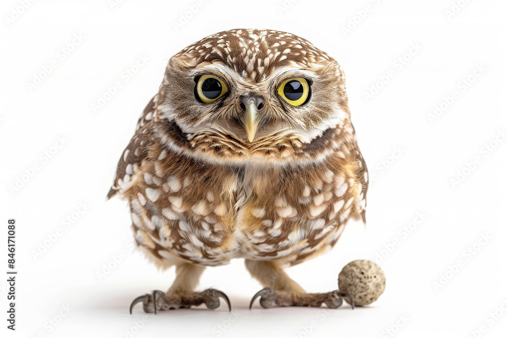 Fototapeta premium A full body shot of an owl, looking at the camera with big yellow eyes and white background, studio shot, photorealistic, fine detailed.