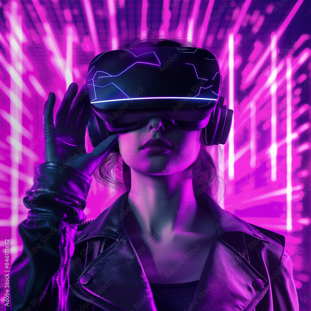 Amazed young girl experiencing virtual reality with a VR headset on the head Amazed young girl experiencing virtual reality with a VR headset on the head