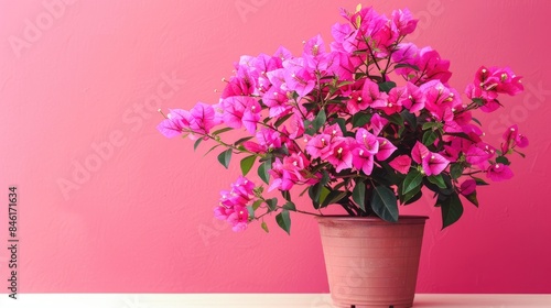 Bougainvillea flower pot in full pink bloom against a bright backdrop