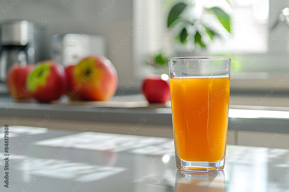 glass of apple juice in the interior of a modern kitchen glass of apple juice in the interior of a modern kitchen