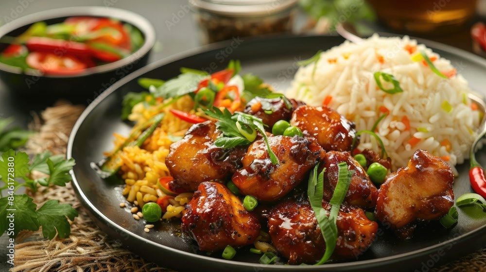 Chicken and chutney served with fried rice Chicken and chutney served with fried rice