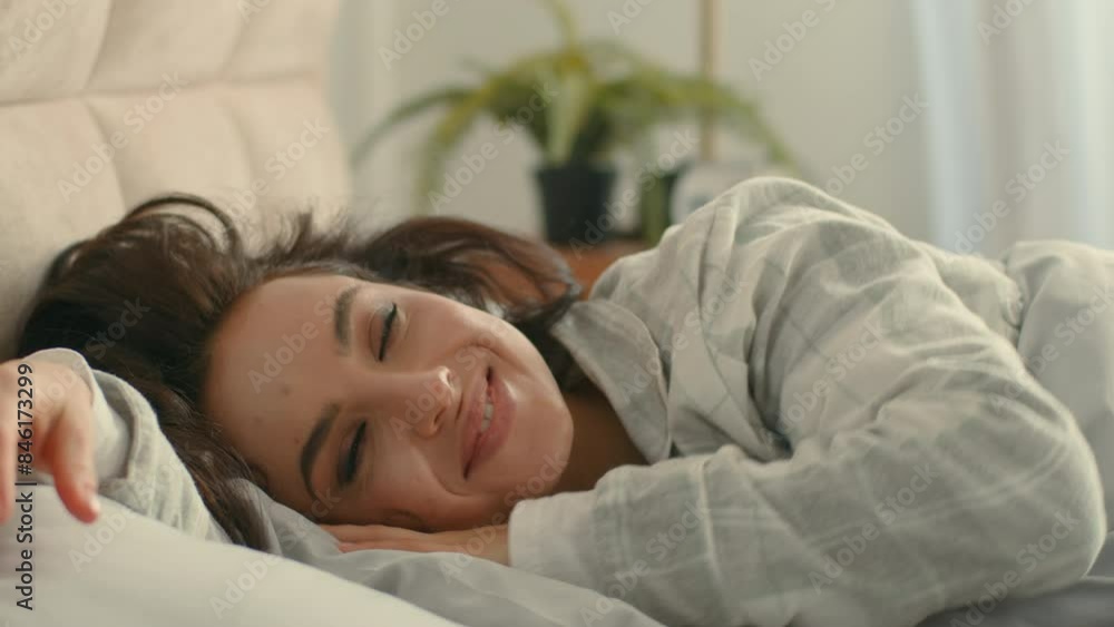 Caucasian European happy woman wake up in bed bedroom home comfortable enjoy good morning stretching smiling pajamas pillow blanket dreamy satisfaction pleasure resting domestic bask lie carefree girl Caucasian European happy woman wake up in bed bedroom home comfortable enjoy good morning stretching smiling pajamas pillow blanket dreamy satisfaction pleasure resting domestic bask lie carefree girl