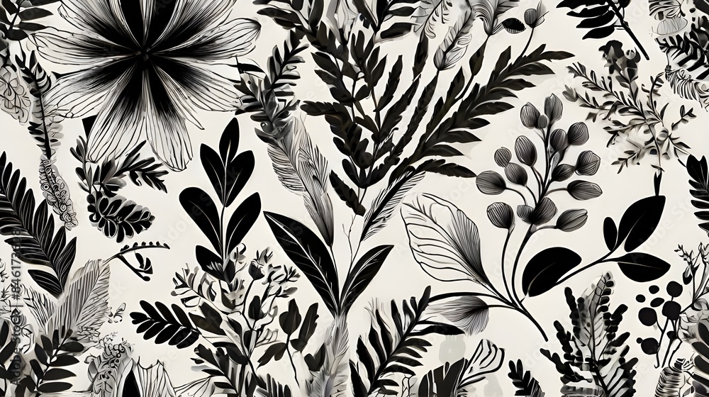 Flower seamless pattern. Repeating geometric leaf. Black floral on white background. Repeated abstract simple for design spring prints. Repeat leaves. Monochrome modern swatch. Vector illustration Gen Flower seamless pattern. Repeating geometric leaf. Black floral on white background. Repeated abstract simple for design spring prints. Repeat leaves. Monochrome modern swatch. Vector illustration Gen