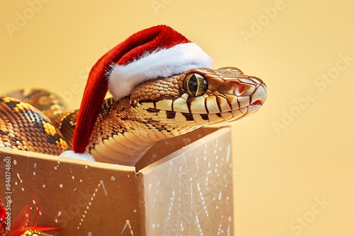 funny snake in christmas gift box isolated on a frstive background  photo