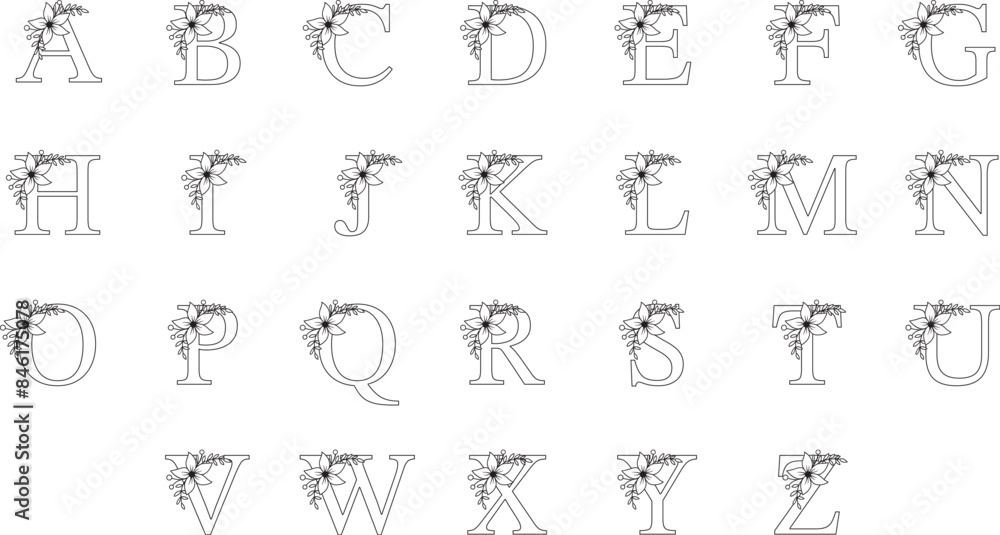 SVG Outlined Floral Monogram, A-Z Alphabet 26 Letters SVG Outlined Floral Monogram, A-Z Alphabet 26 Letters