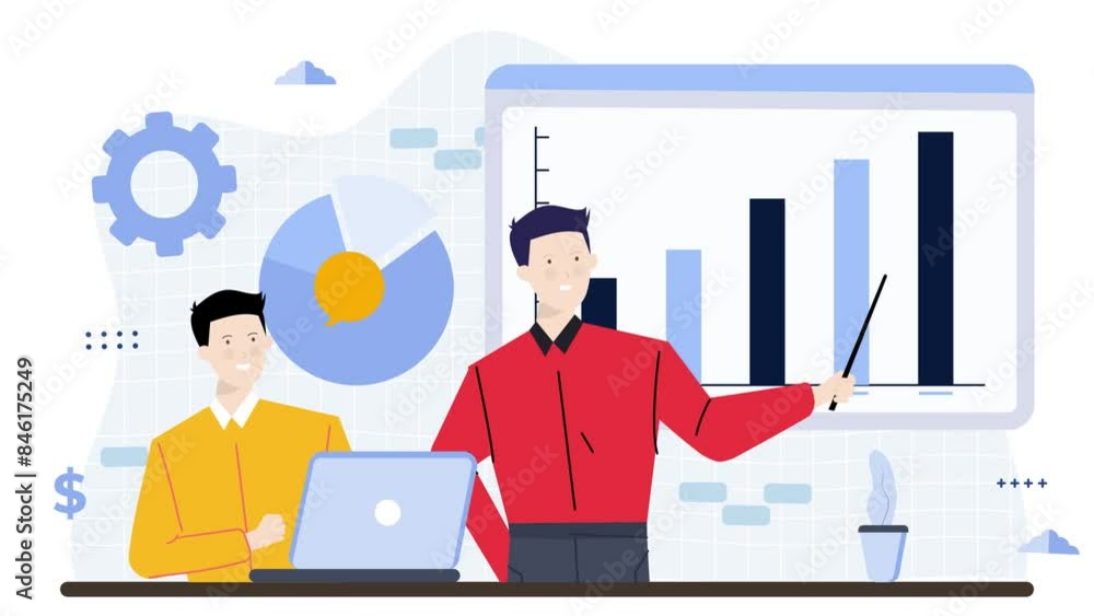 a man presenting statistic to his partner business animated illustration video a man presenting statistic to his partner business animated illustration video