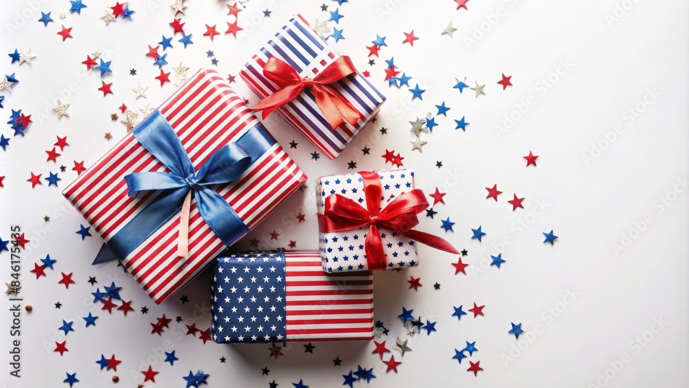 Obraz premium A Festive 4Th Of July Flat Lay With A Stack Of Gift Boxes Adorned With A Satin Bow, Confetti Stars, And Ample Copy Space On A White Background.