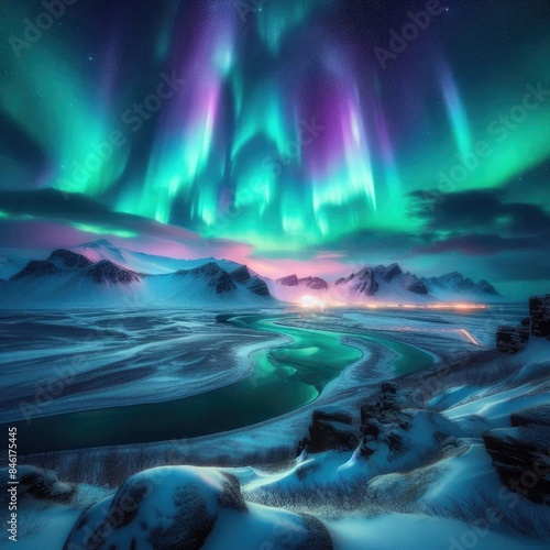 A breathtaking view of the Northern Lights shimmering over a snowy Icelandic landscape © Guntur