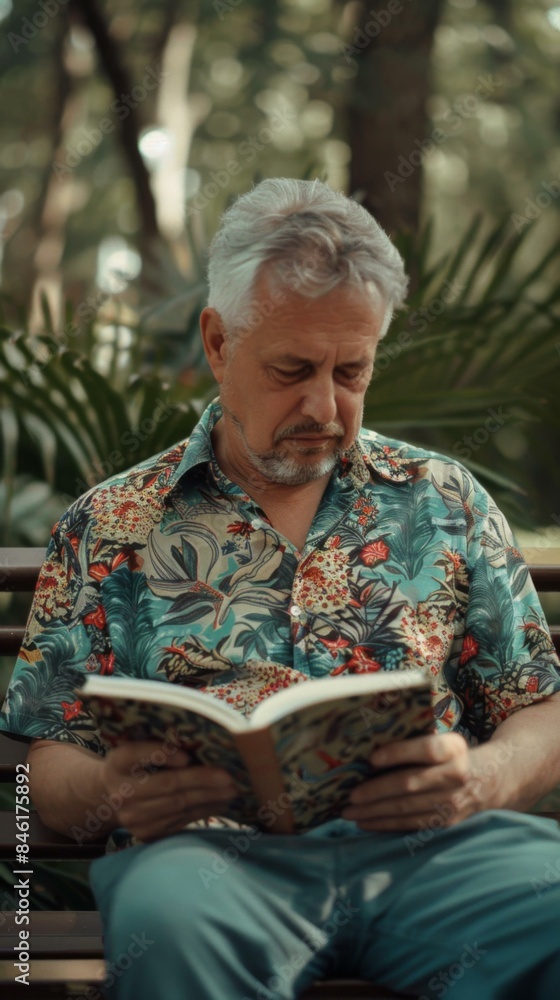 A man in a hawaiian shirt reading a book on the bench. Generative AI. A man in a hawaiian shirt reading a book on the bench. Generative AI.