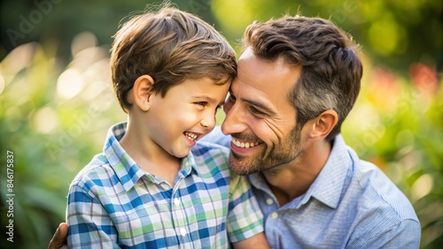 A Happy And Smiling Father And His Son Spend Quality Time Together, Showcasing The Profound Bond Of Parental Love - A Heartwarming Stock Photo Perfect For Father'S Day.