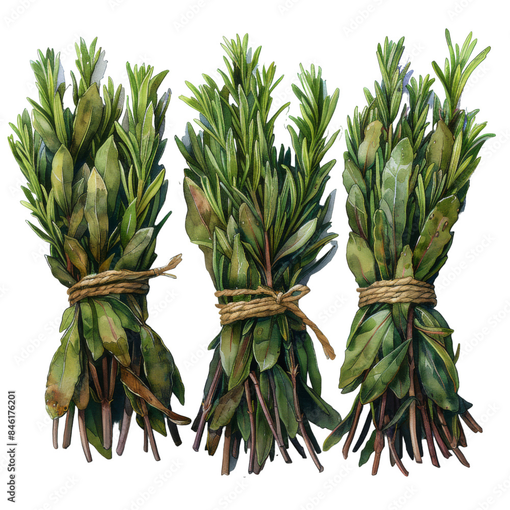 Obraz premium Assorted Fresh Herbs Hanging on Wooden Rod