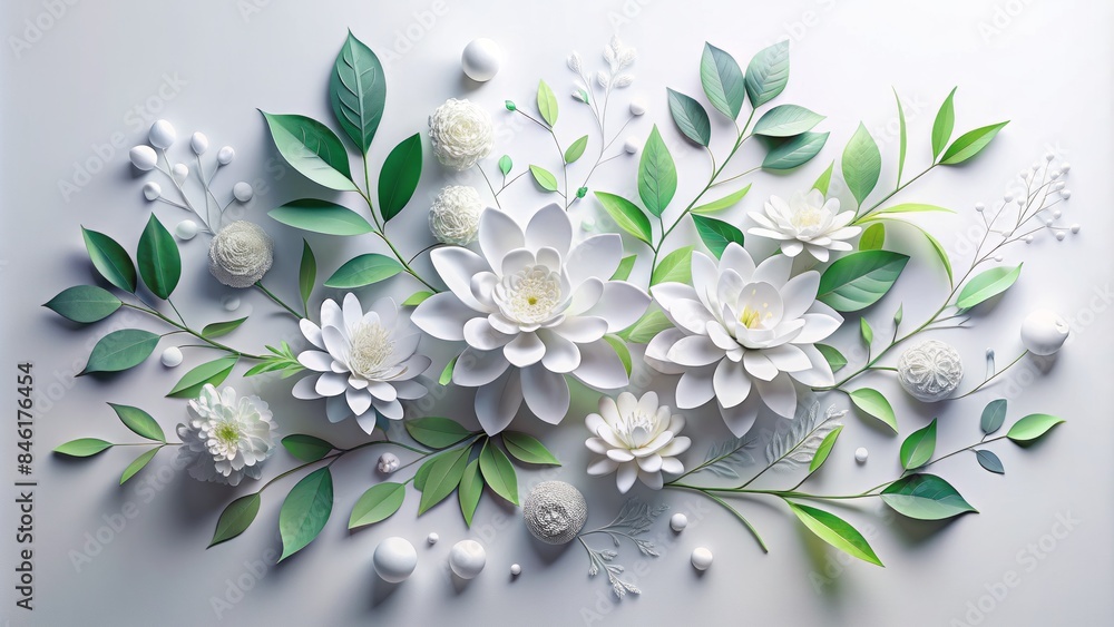 A Pristine White Background Serves As A Canvas For A Delicate 3D Mockup Featuring A Vibrant Cluster Of White Flowers And Leaves, Capturing The Essence Of Pure Elegance And Natural Beauty.