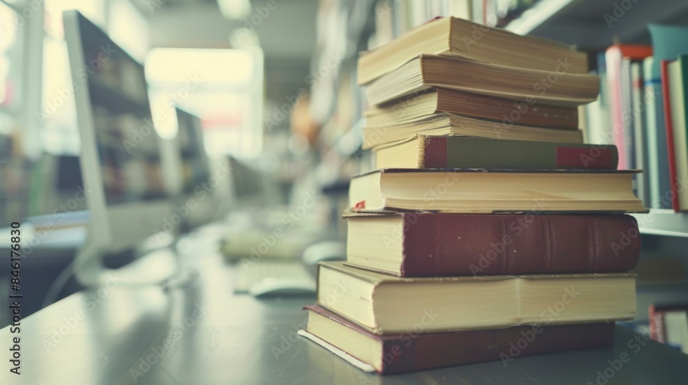 A stack of books on a table in front of computer. AI. A stack of books on a table in front of computer. AI.