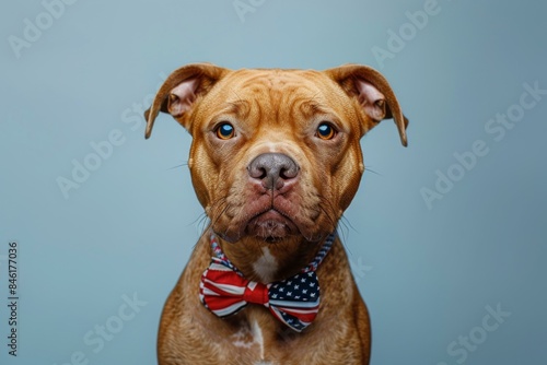 A studio portrait of a Pit Bull wearing a bow tie with the American and British flags. AI.
