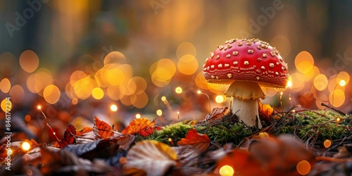 Red mushroom in a magical autumn forest with glowing lights. AI.