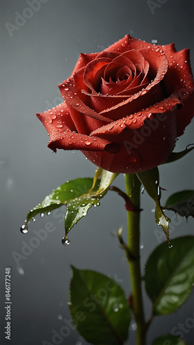 a red rose with water drops in dark background for elegance vertical wallpaper. Generative AI