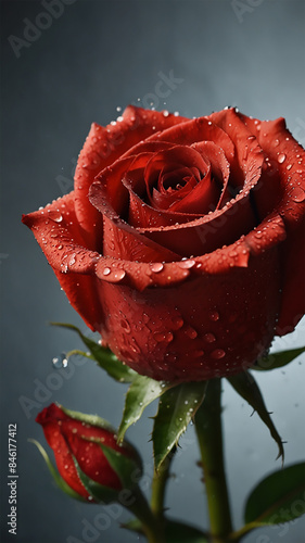 a red rose with waterdrops elegance vertical wallpaper. Generative AI