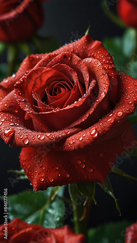 Red roses with waterdrops for elegance vertical social media wallpaper. Generative AI