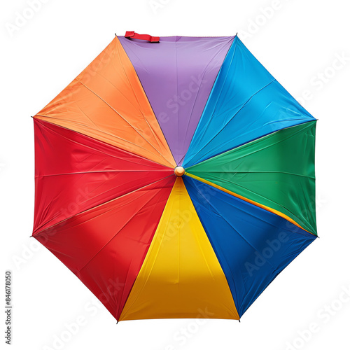 Vibrant multicolor umbrella top view, showcasing bright colors and geometric segments. Perfect for weather-related or fashion themes.