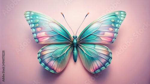 A Delicate Butterfly With Wings In Shades Of Pastel Blues And Greens, Against A Soft Pink Background.
