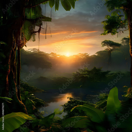 Beautiful Green Amazon Forest Landscape at Sunset Sunrise photo