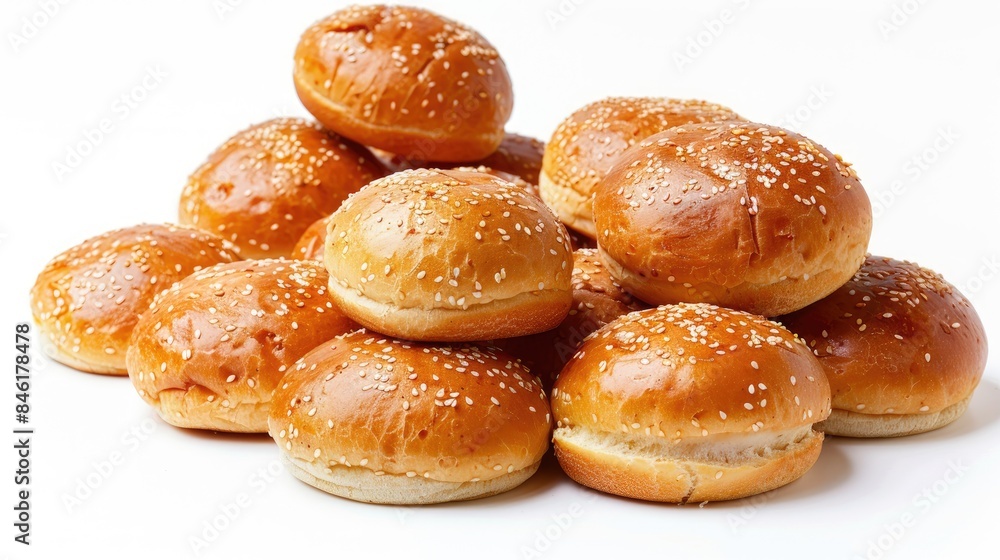 Fresh hamburger buns arranged in a stack against a white background Fresh hamburger buns arranged in a stack against a white background