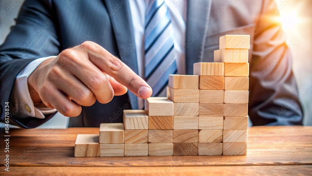 Hand Arranging Wooden Blocks Stacked As A Step Stair Or Ladder, Symbolizing Business Growth, Success, Achievement, Planning, Development, Leadership, And Reaching The Target Customer Group. Hand Arranging Wooden Blocks Stacked As A Step Stair Or Ladder, Symbolizing Business Growth, Success, Achievement, Planning, Development, Leadership, And Reaching The Target Customer Group.
