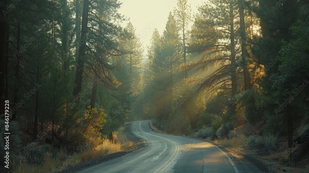 Fototapeta premium Soft rays of morning sunlight filter through the tall pine trees illuminating the road ahead and inviting travelers to embark on a . AI generation.