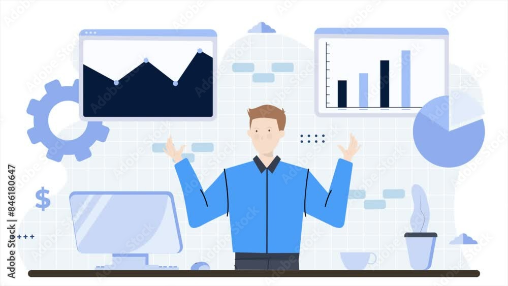 a man working in office room with computer on the table business animated illustration video a man working in office room with computer on the table business animated illustration video