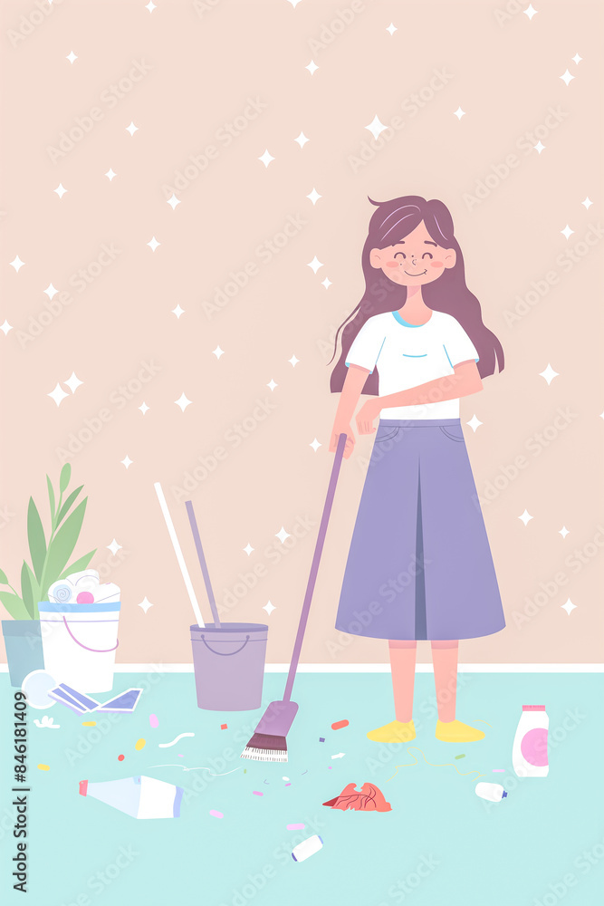 A girl is cleaning a messy room with a broom A girl is cleaning a messy room with a broom