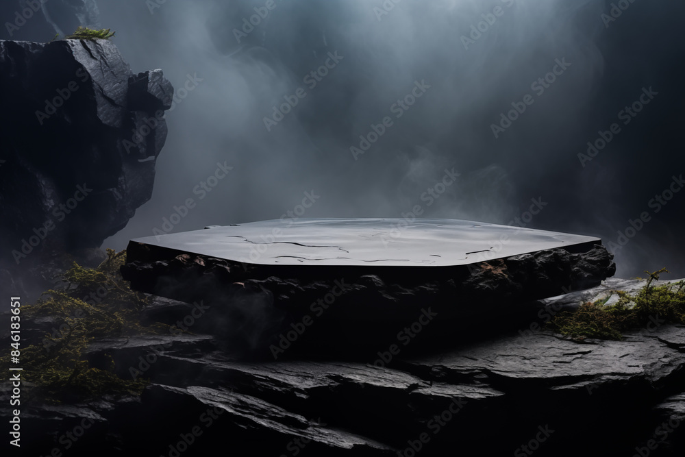 A smooth stone podium in a mysterious mountain filled with thick fog A smooth stone podium in a mysterious mountain filled with thick fog