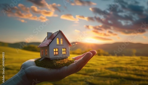 small house model held by real estate agent in the palm of his hand against green meadow and blue sky at sunset, photorealistic