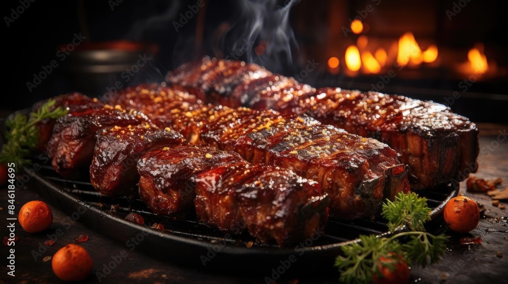 Realistic grilled barbeque with melted barbeque sauce and cut vegetables, black and blur background Realistic grilled barbeque with melted barbeque sauce and cut vegetables, black and blur background