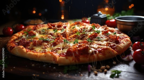 full pizza with vegetables and meat on wooden table with blur background