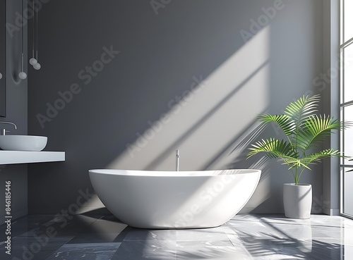Modern bathroom interior with gray walls, a white bathtub and sink. 