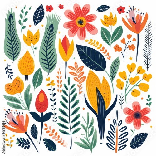 Creative Jungle Foliage and Cartoon Flowers Vector Design on White