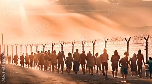 Refugee Silhouettes. Barbed Wire Border with Copy Space