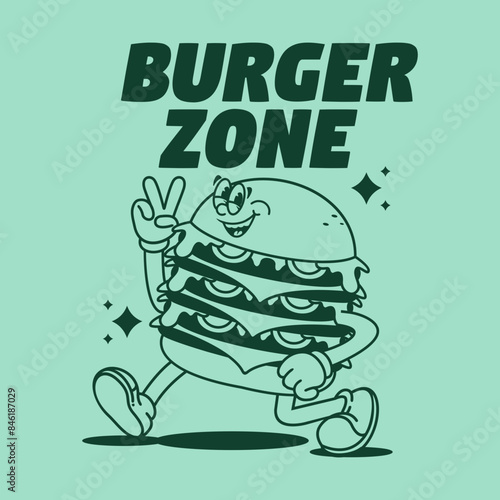 Funny cartoon character of burger. Can be used as Sticker, posters, prints. Retro cartoon style. Vector illustration