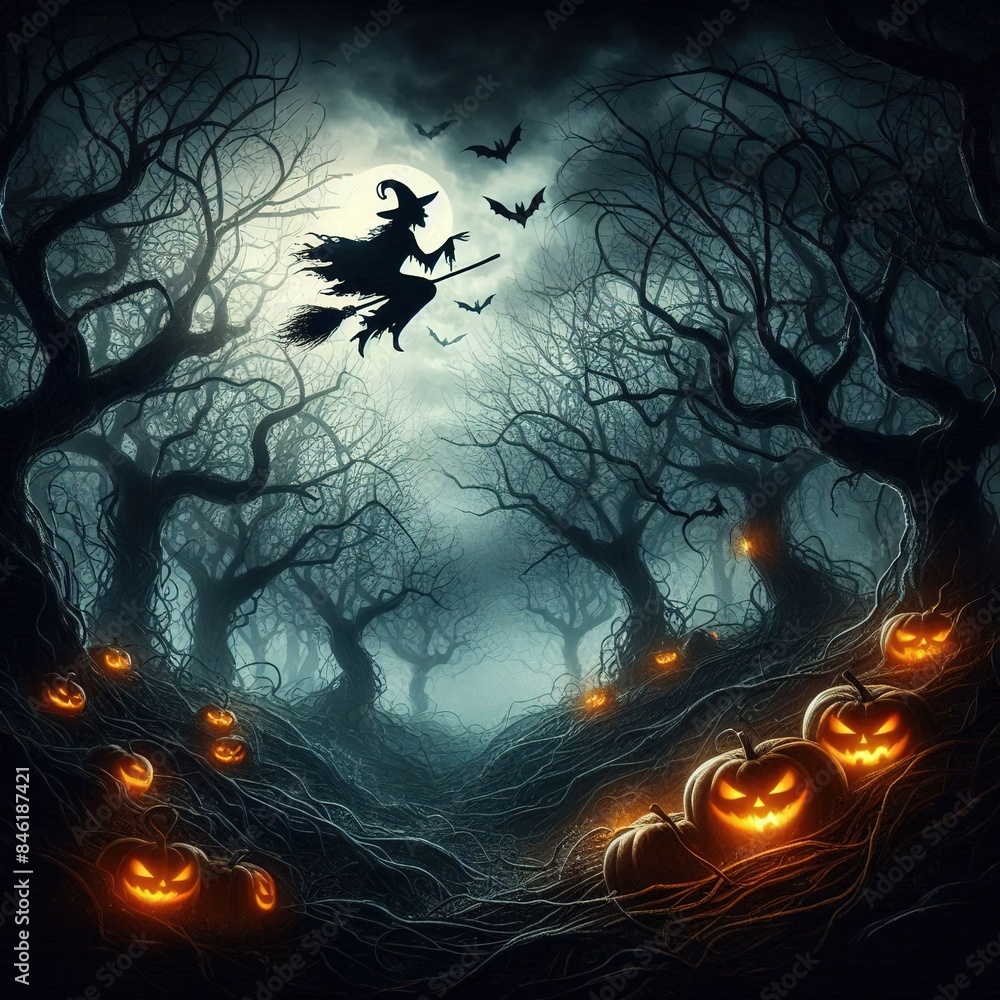 A dark, misty forest with eerie, twisted trees, a glowing pumpkin patch A dark, misty forest with eerie, twisted trees, a glowing pumpkin patch