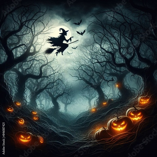 Wallpaper Mural A dark, misty forest with eerie, twisted trees, a glowing pumpkin patch Torontodigital.ca