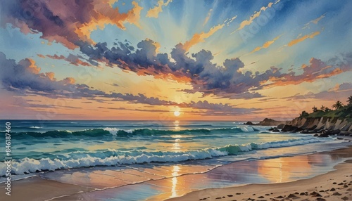 A sunset over the peaceful beach with gentle waves. 
